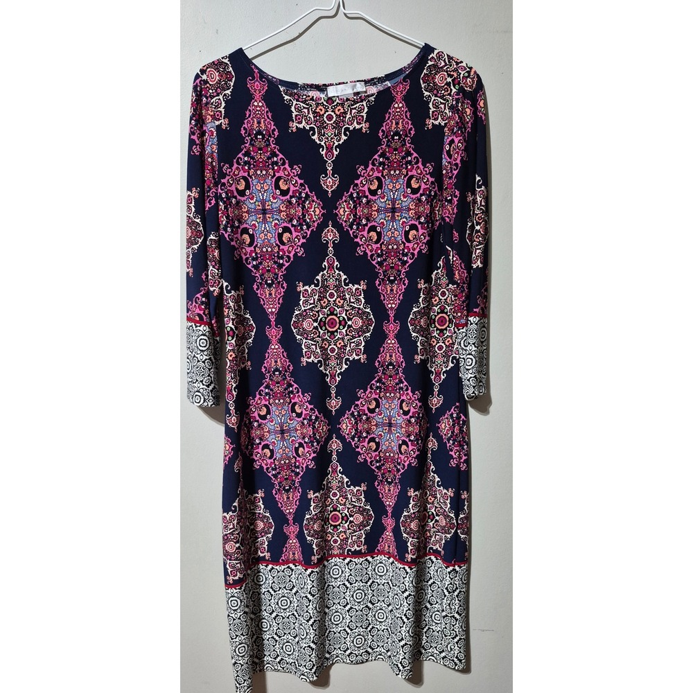 London Times Navy Pink Medallion Print Sheath Dress 3/4 Sleeve Size 10